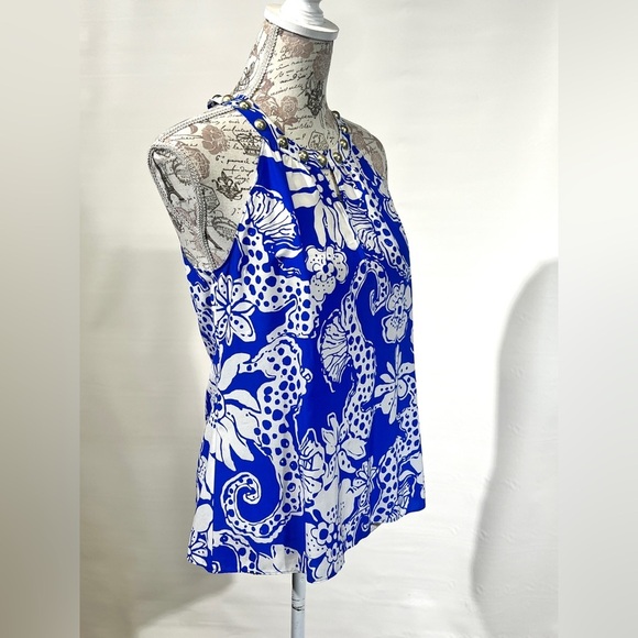 LILLY PULITZER‎ Royal blue Rogan 100% Silk Seahorse print studded top size S. - Picture 6 of 11